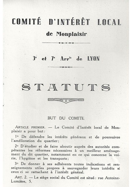 CIL Monplaisir - Les statuts de l'Association crée en 1931